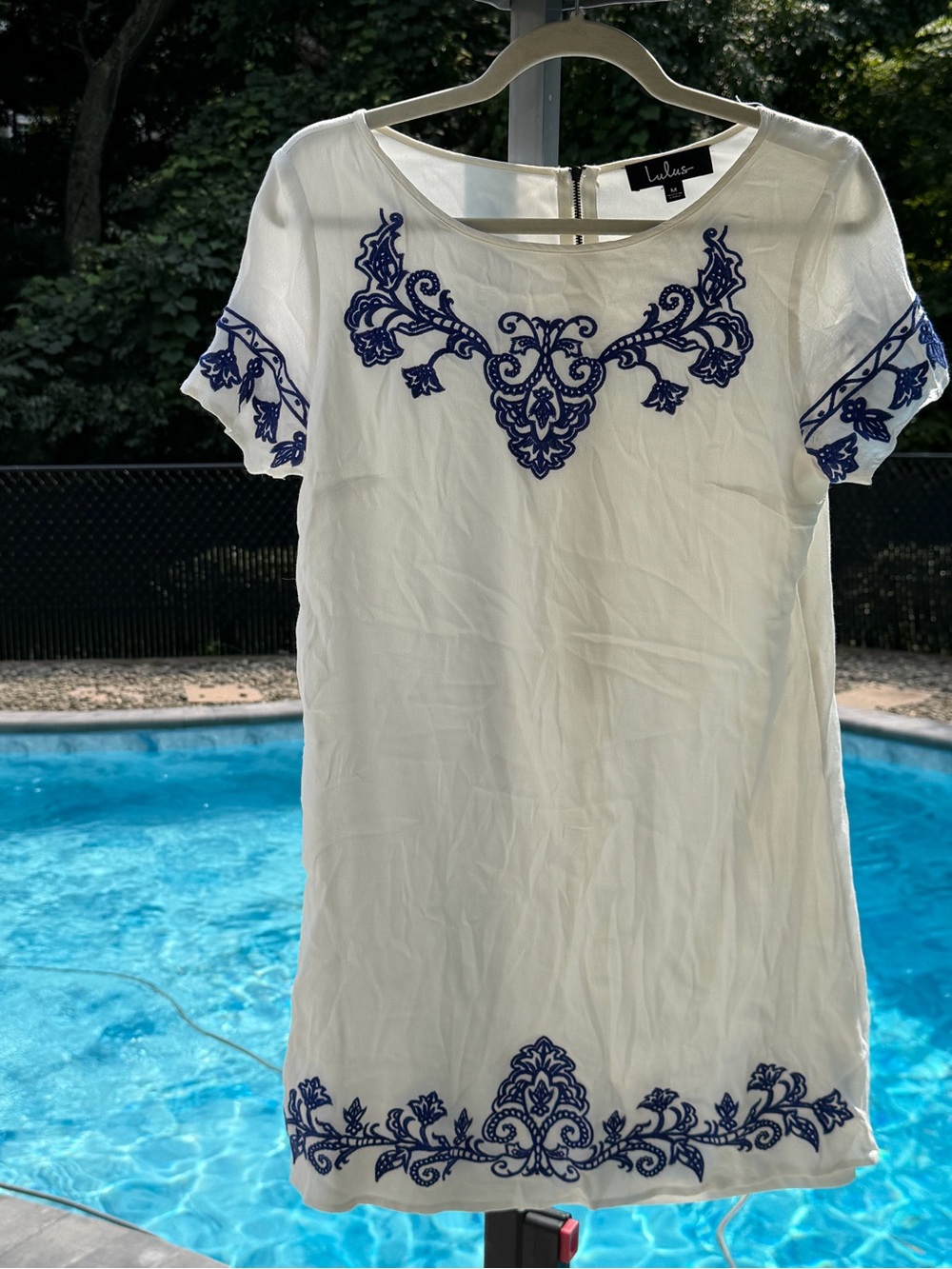 Lulu's White Mini Dress with Blue Embroidery